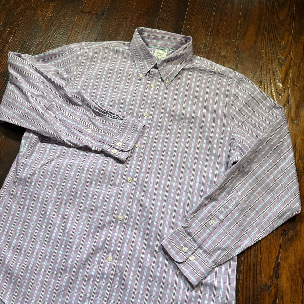 Brooks Brothers Shirt Mens L Purple Plaid Regent Non Iron Supima Logo